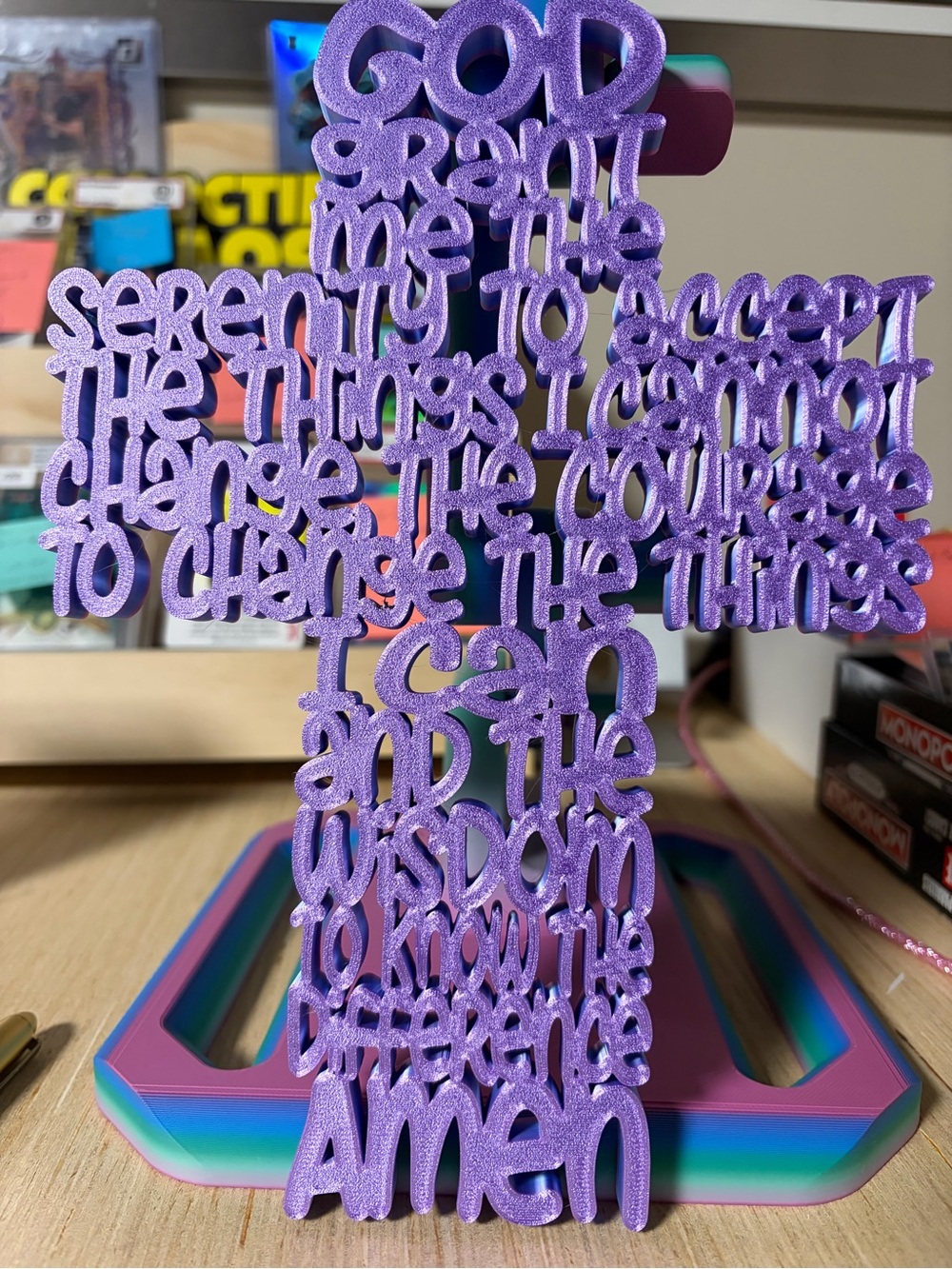 3D Printed Purple Layered Cross Plaque - Decorative Prayer Quote